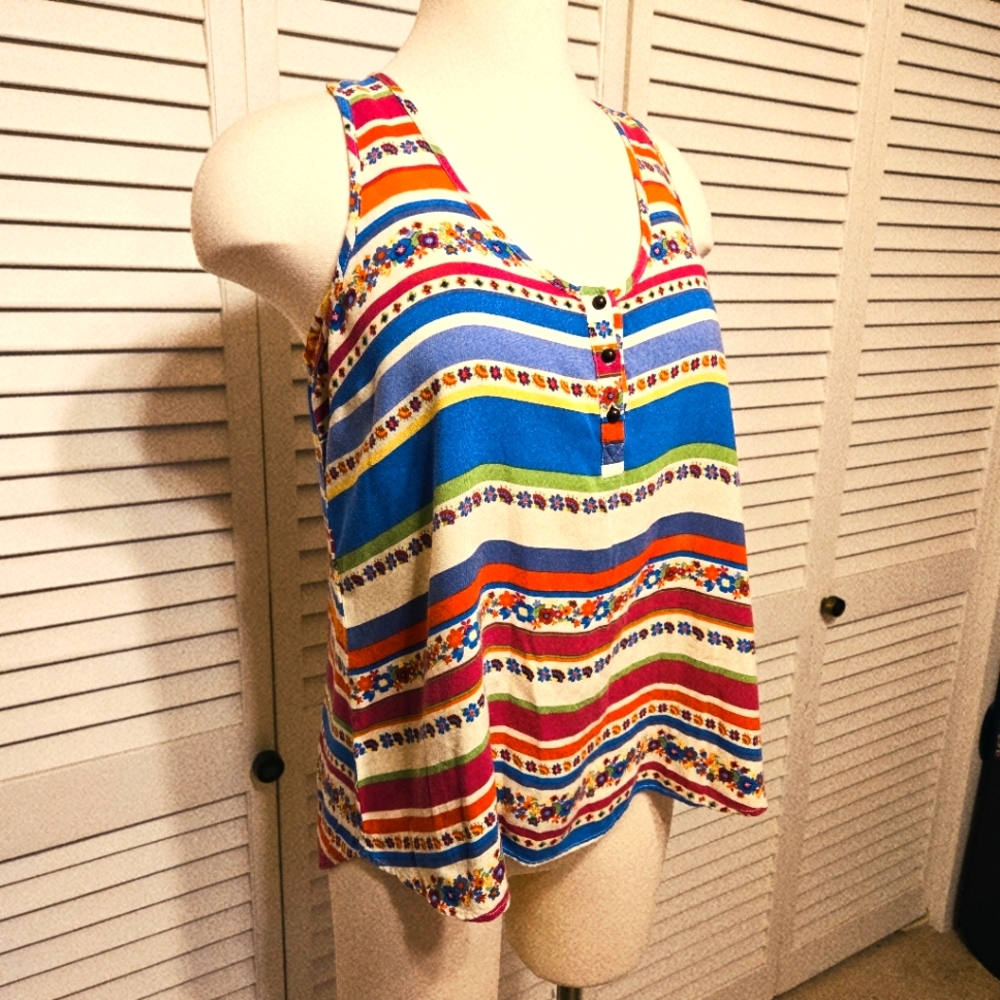 Rue 21 Colorful Floral & Striped Sleeveless Blouse with Brass Buttons